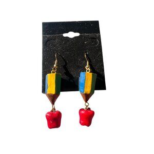 Painted Wood Dangle Earring Pencil Apple Teacher Dangle Hooks 2" New on Card